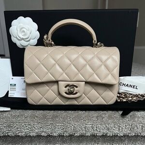 Chanel 25P mini rectangle classic flap top handle beige